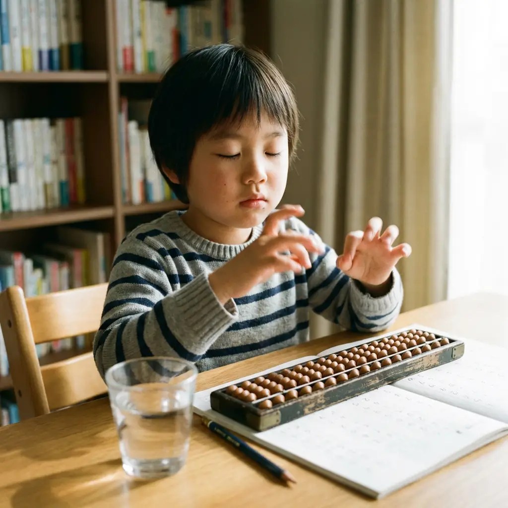 A child concentrates on mental arithmetic while using a traditional abacus at a desk.