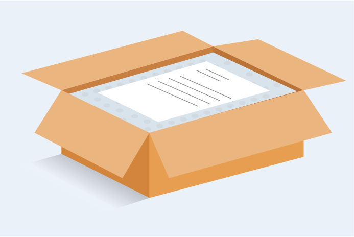 Illustration of a packing list being placed inside a box of LCD screens for tracking purposes.