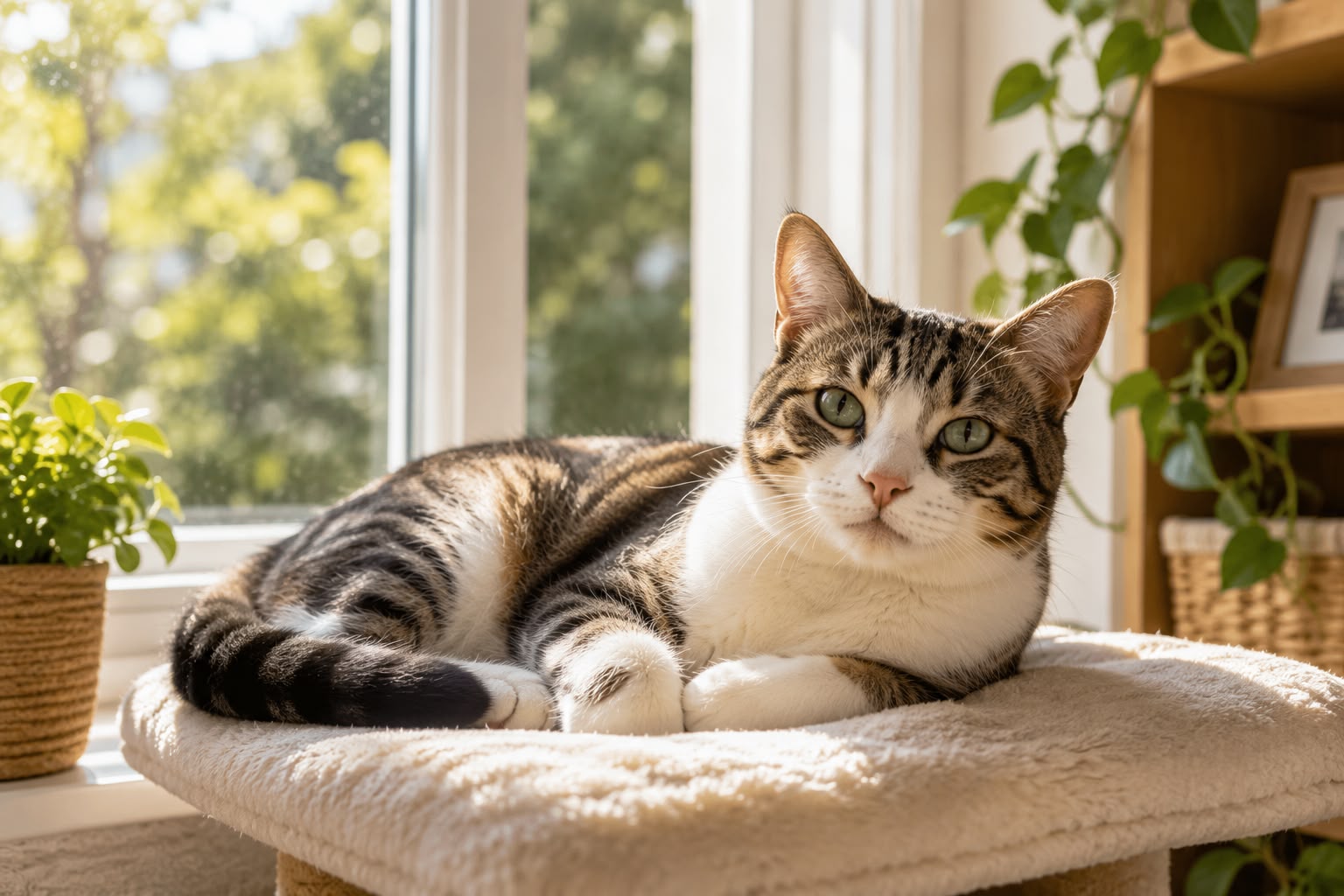 Healthy indoor cat relaxing near a window