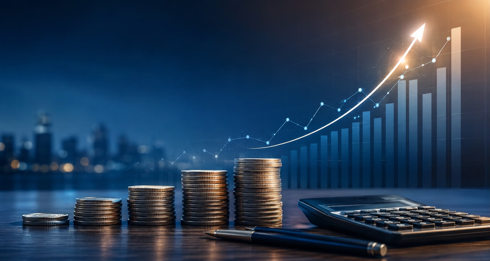 Financial growth concept with coins, calculator and rising chart