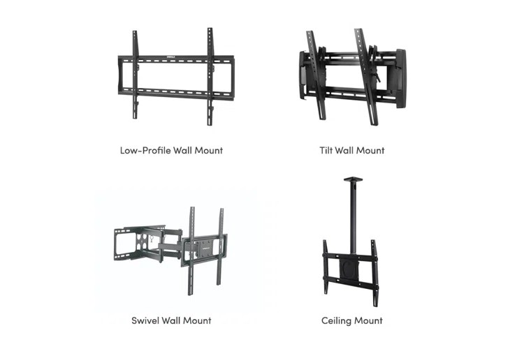 Different types of wall mounts including fixed, tilting, full-motion, and ceiling mounts for TVs and other electronics