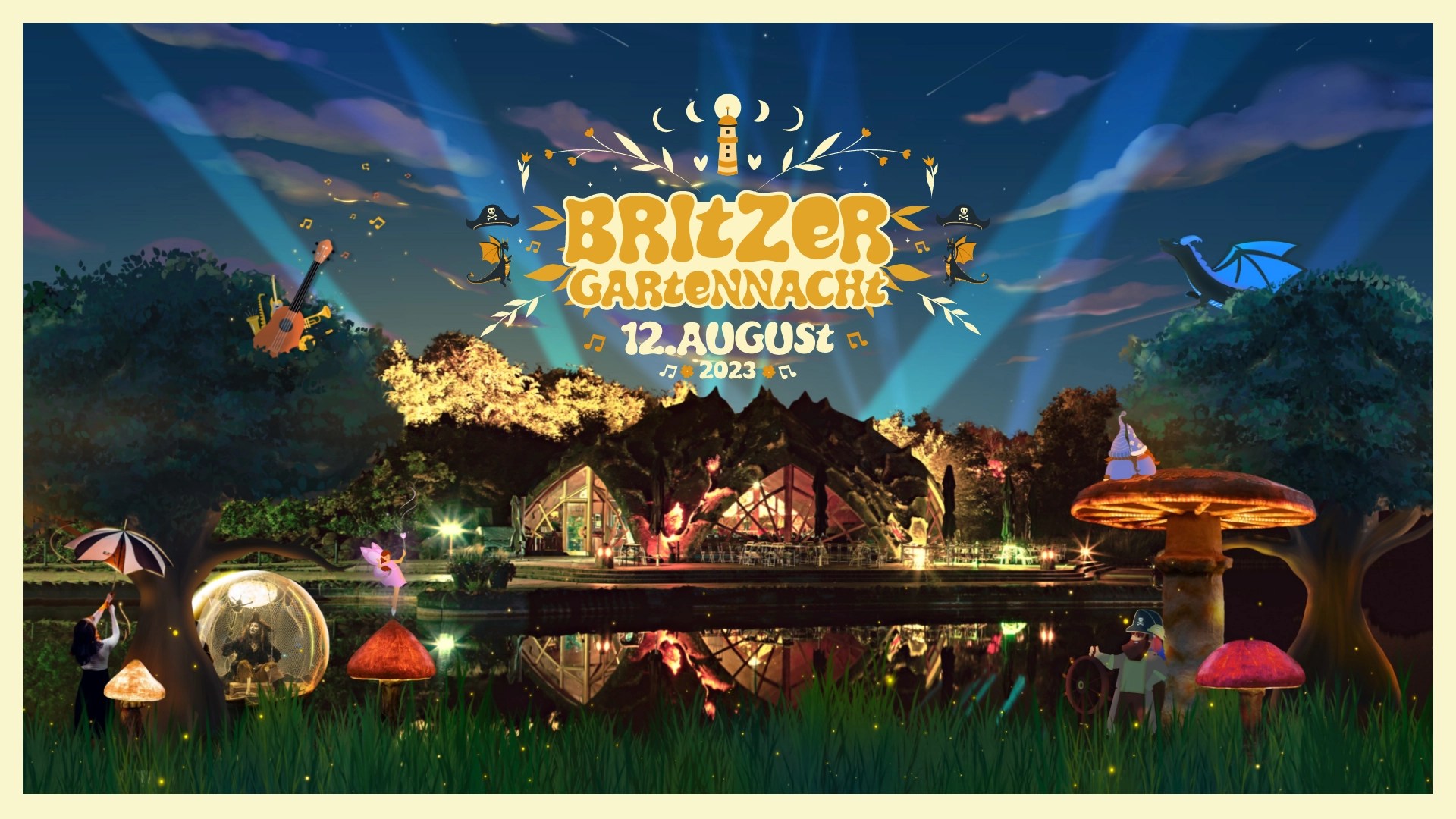 Flyer der Britzer Gartennacht 2023 am 12. August mit Lichteffekten, Naturmotiven und fantastischen Figuren