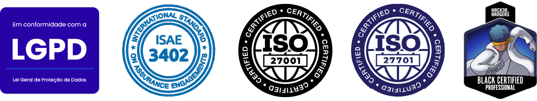 Selos da LGPD, ISAE 3402, ISO 27001, ISO 27701 e Black Certied Hacker Rangers