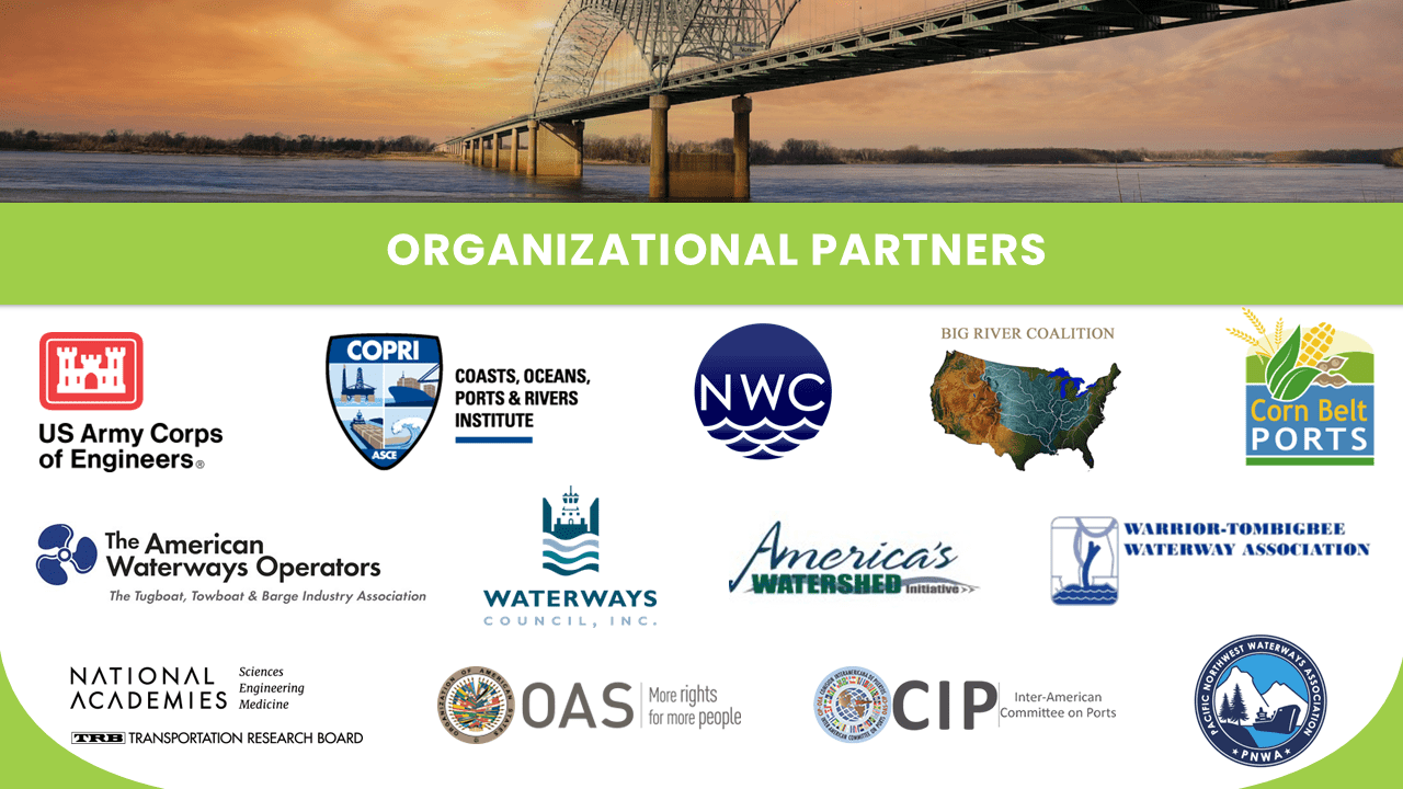Organizational partner logos for Smart Rivers 2025 including USACE, COPRI, Waterways Council, and others