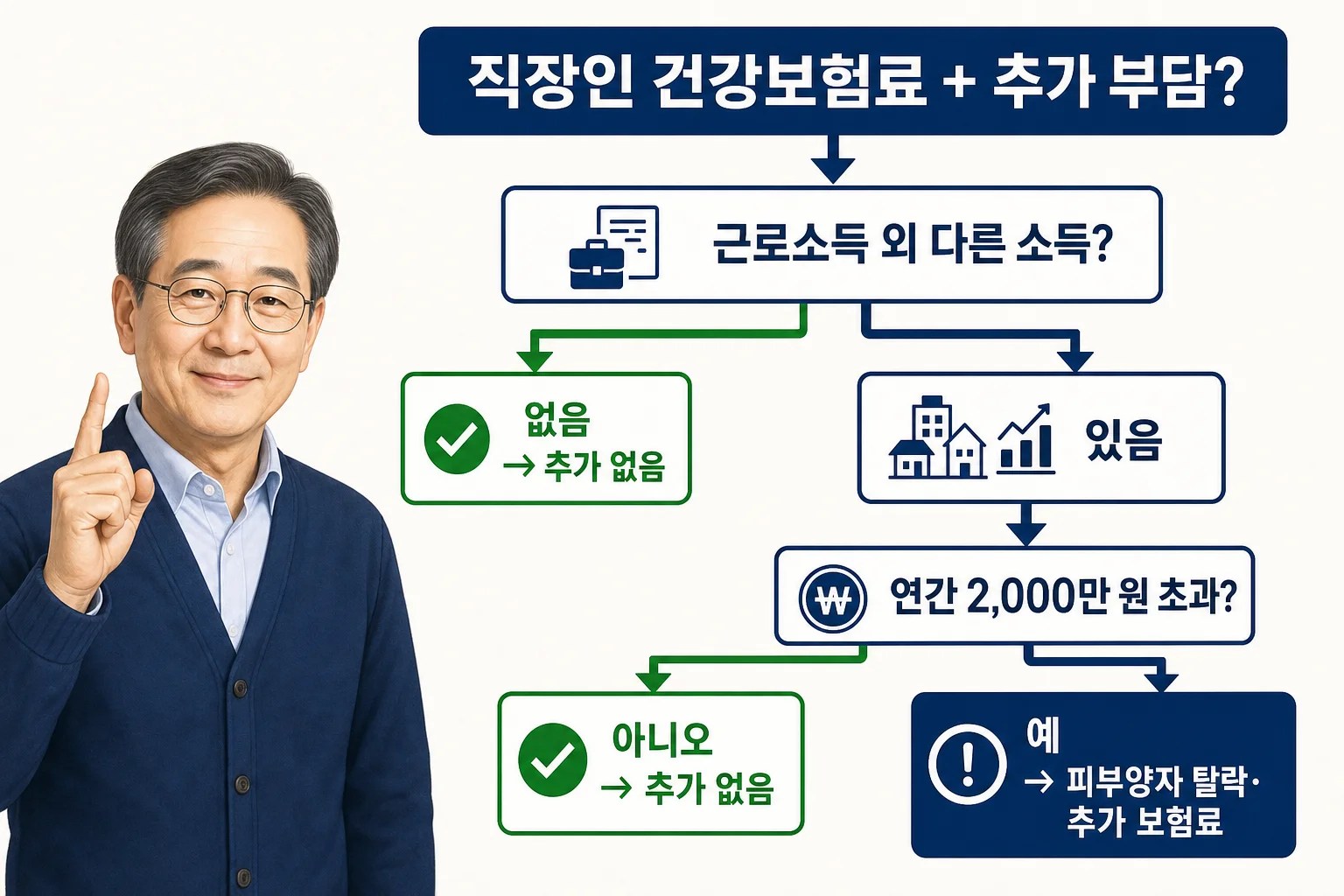 직장가입자의 보수 외 소득이 2,000만원을 넘을 때 추가 건강보험료가 부과되는 과정을 보여주는 흐름도