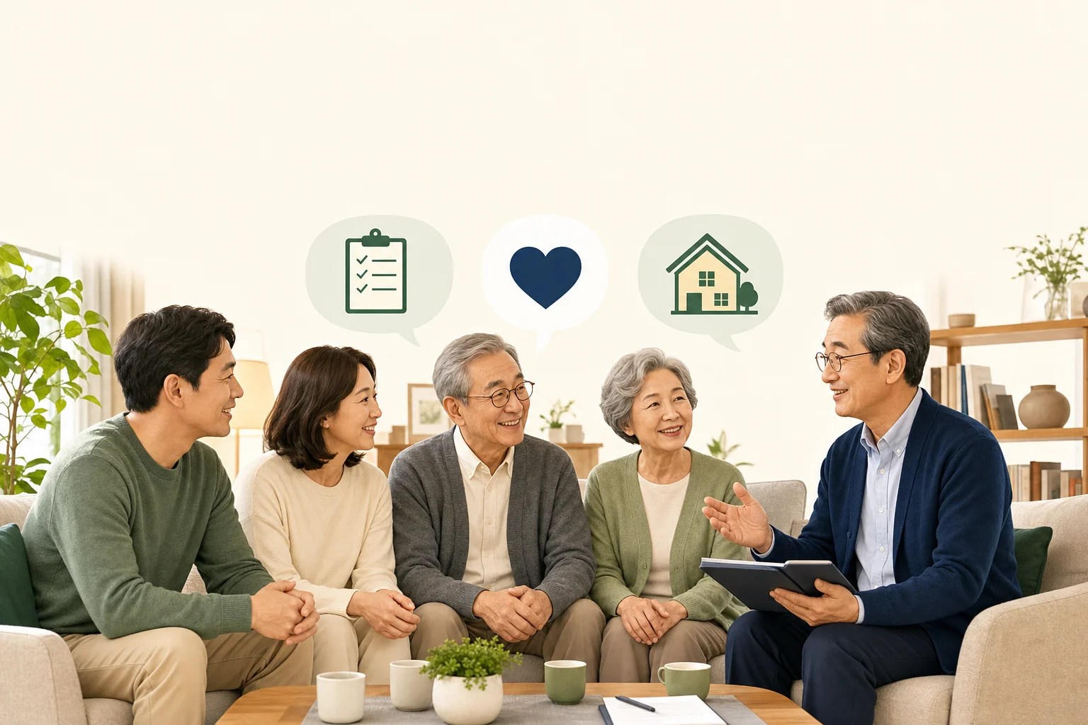 부모와 성인 자녀가 거실에서 상속과 유언에 대해 편안하게 대화하는 모습