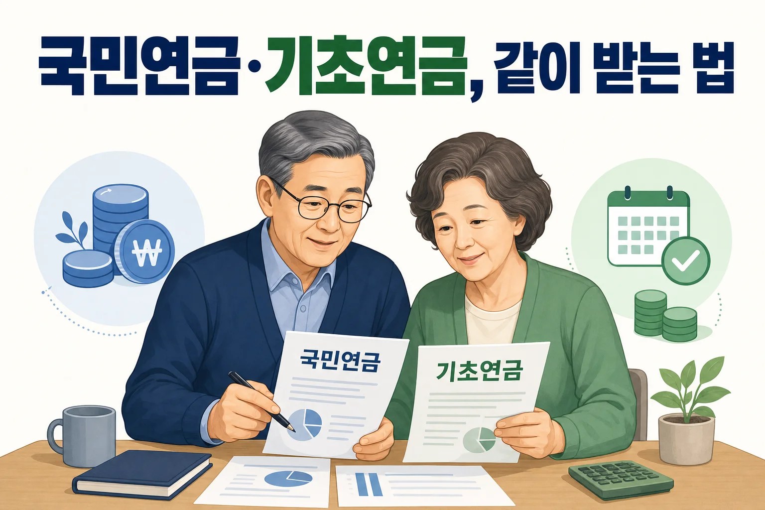국민연금과 기초연금 서류를 함께 살펴보는 60대 한국인 부부 일러스트