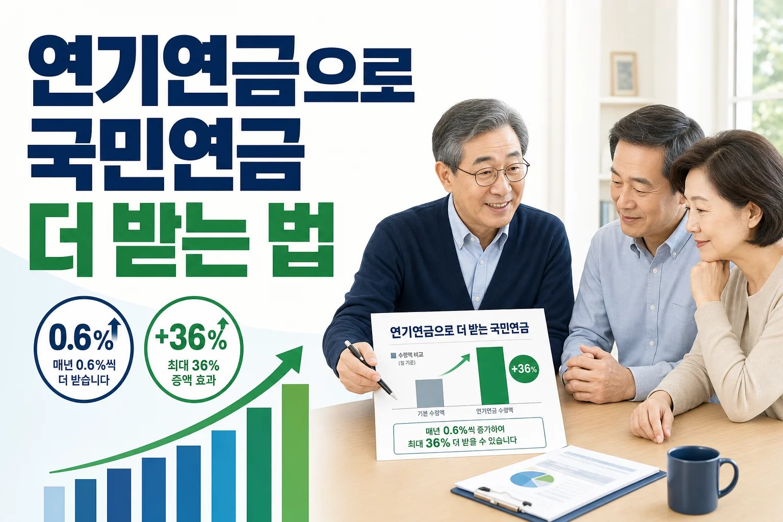 연기연금으로 국민연금을 더 받는 방법을 상담받는 50~60대 한국인 부부와 상담사