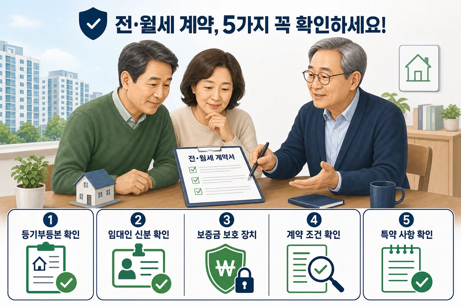 주택임대차 계약서와 보증금 보호 핵심을 확인하는 중장년 부부 일러스트