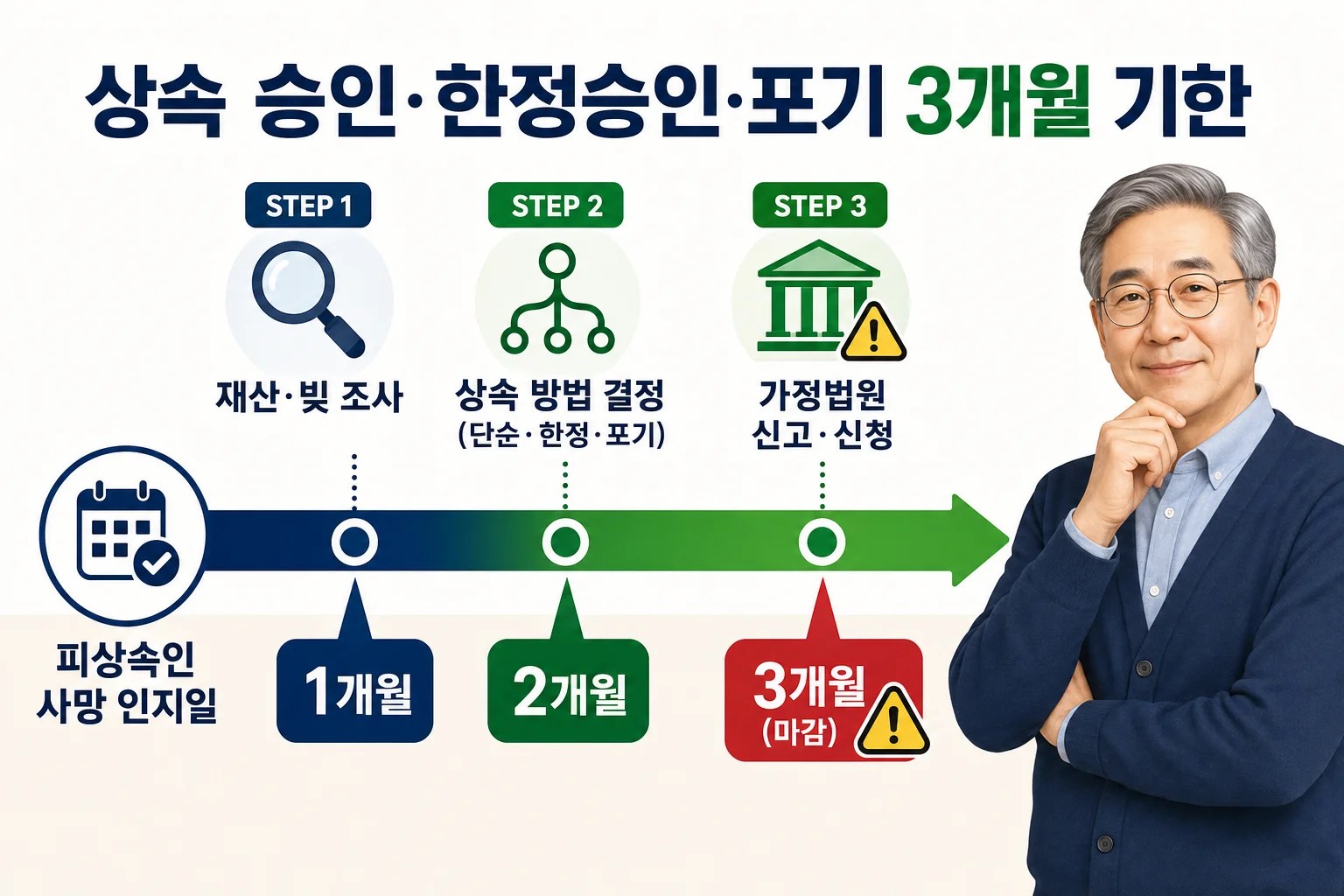 상속포기와 한정승인을 3개월 안에 결정해야 함을 보여주는 타임라인