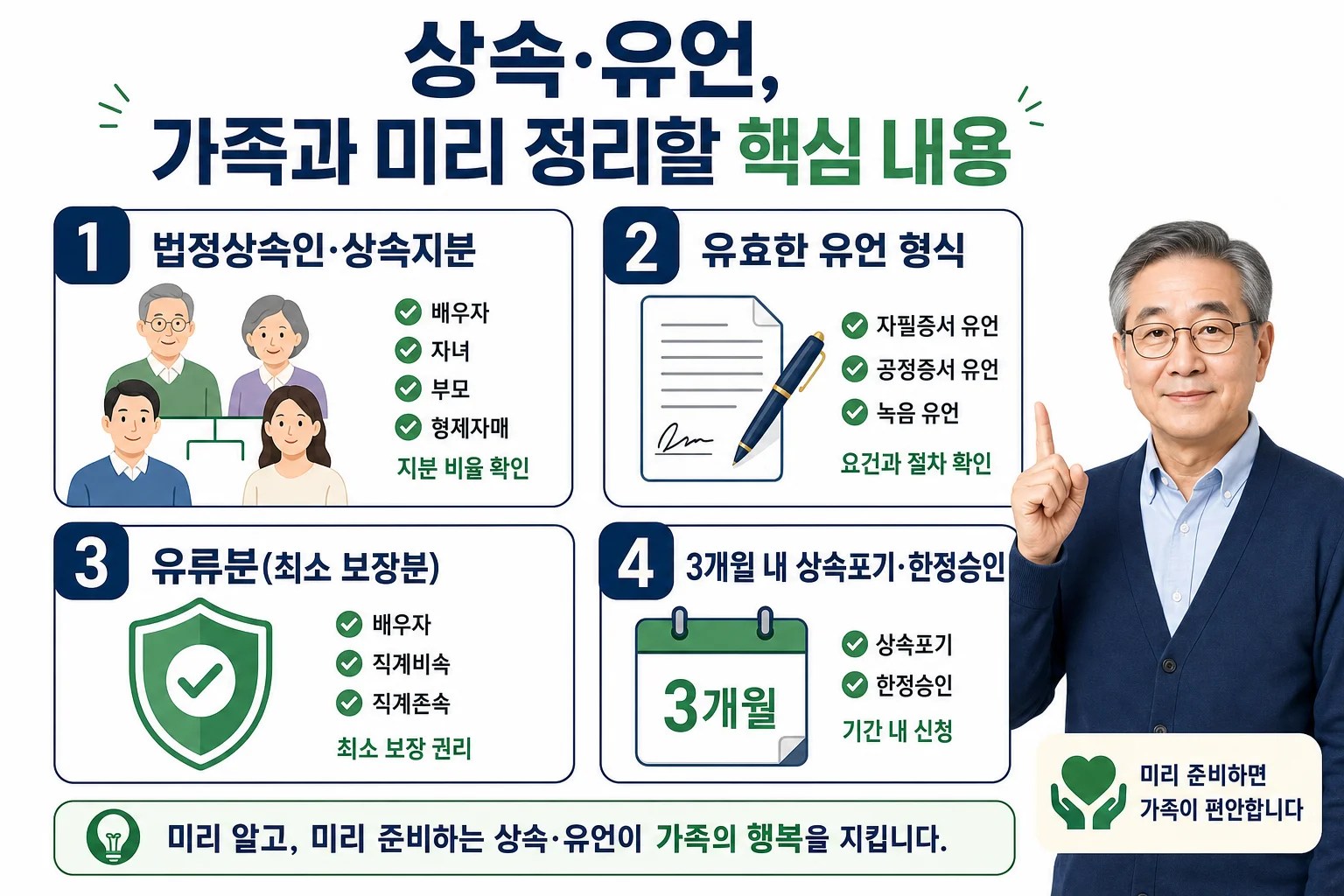 상속과 유언의 핵심 네 가지를 정리한 인포그래픽