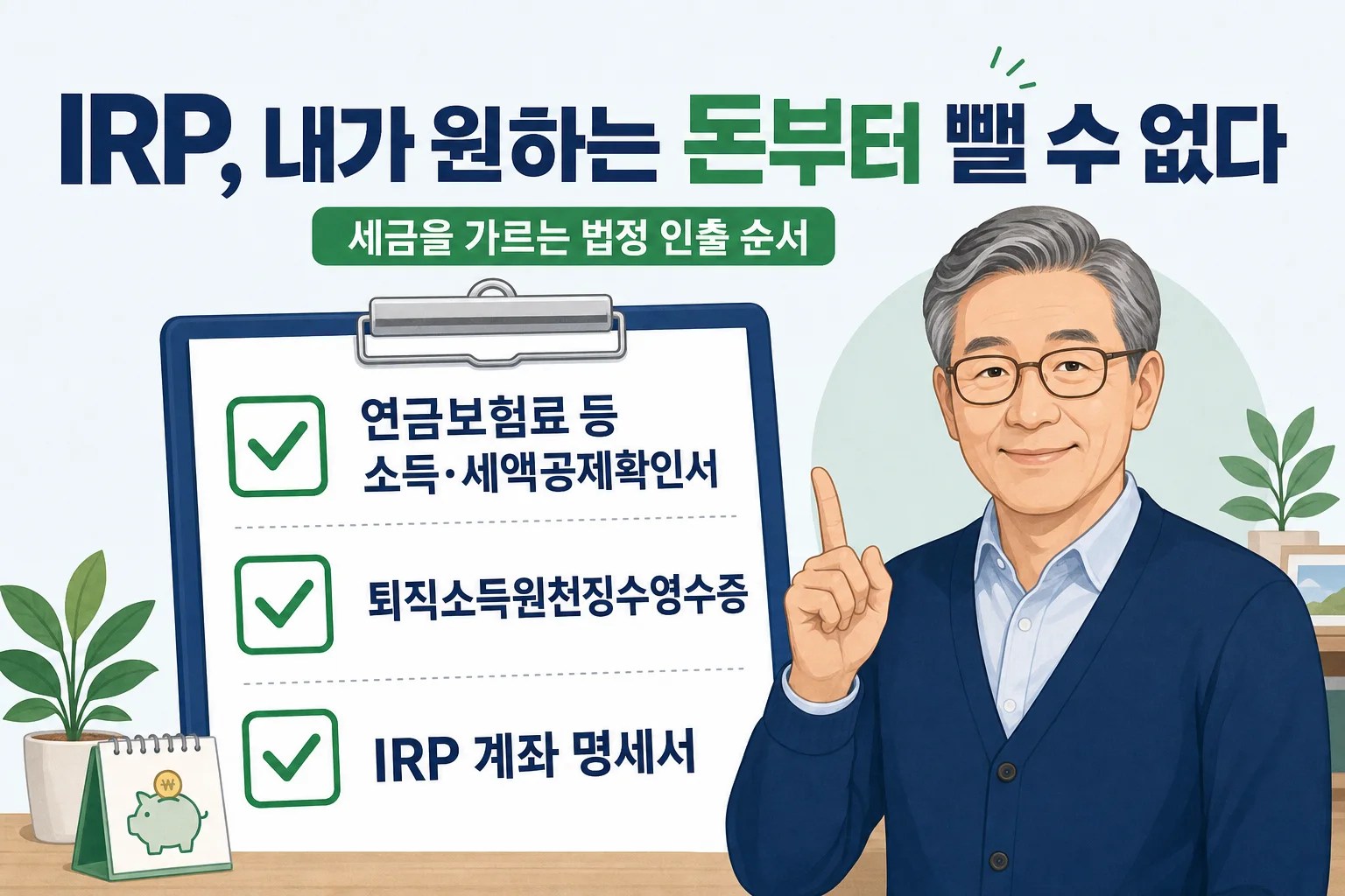 연금보험료 등 소득·세액공제확인서, 퇴직소득원천징수영수증, IRP 계좌 명세서 세 가지를 체크리스트로 보여주는 이미지