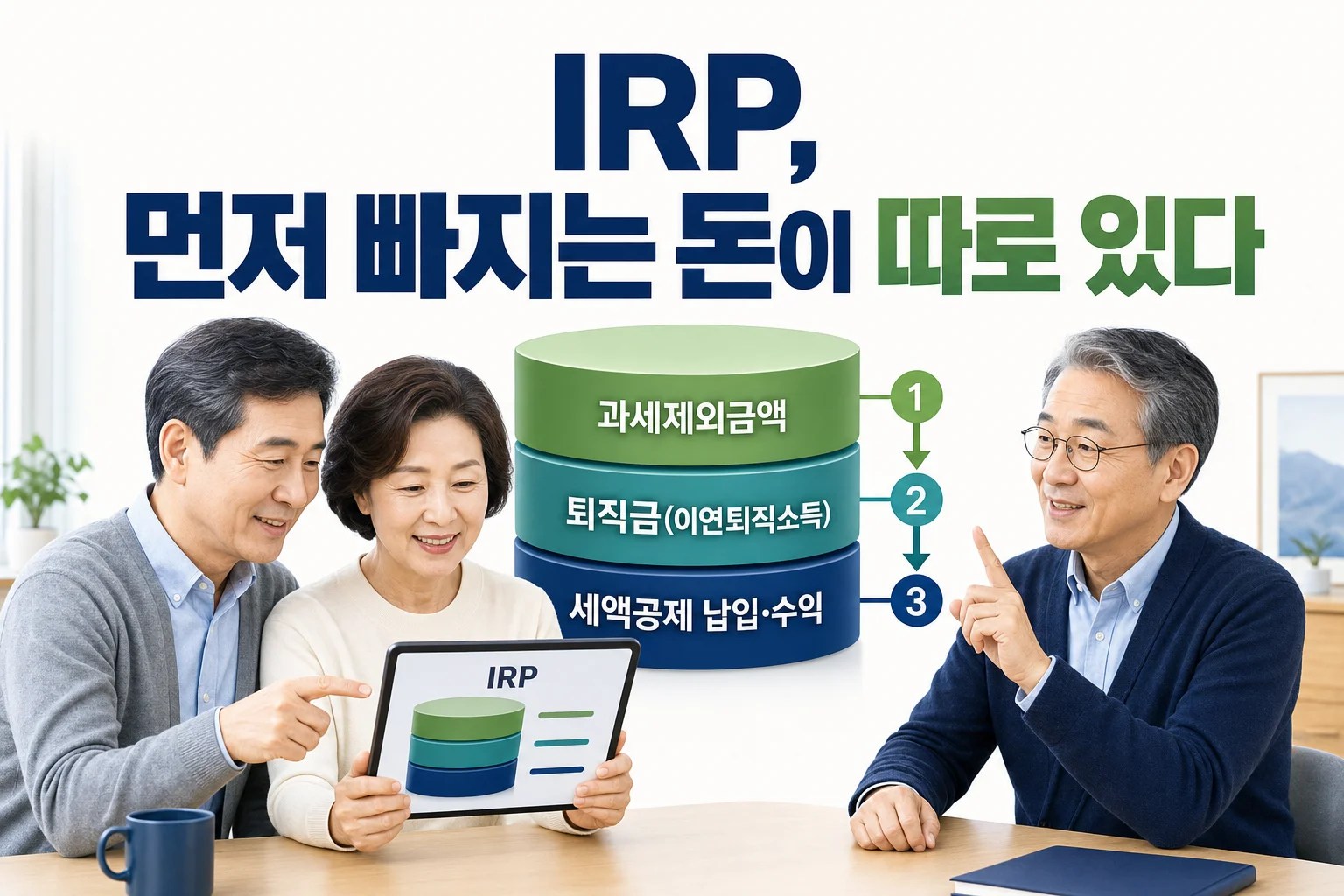 IRP 계좌 안의 돈이 세 가지로 나뉘어 법정 인출 순서대로 빠져나가는 모습을 설명하는 인포그래픽