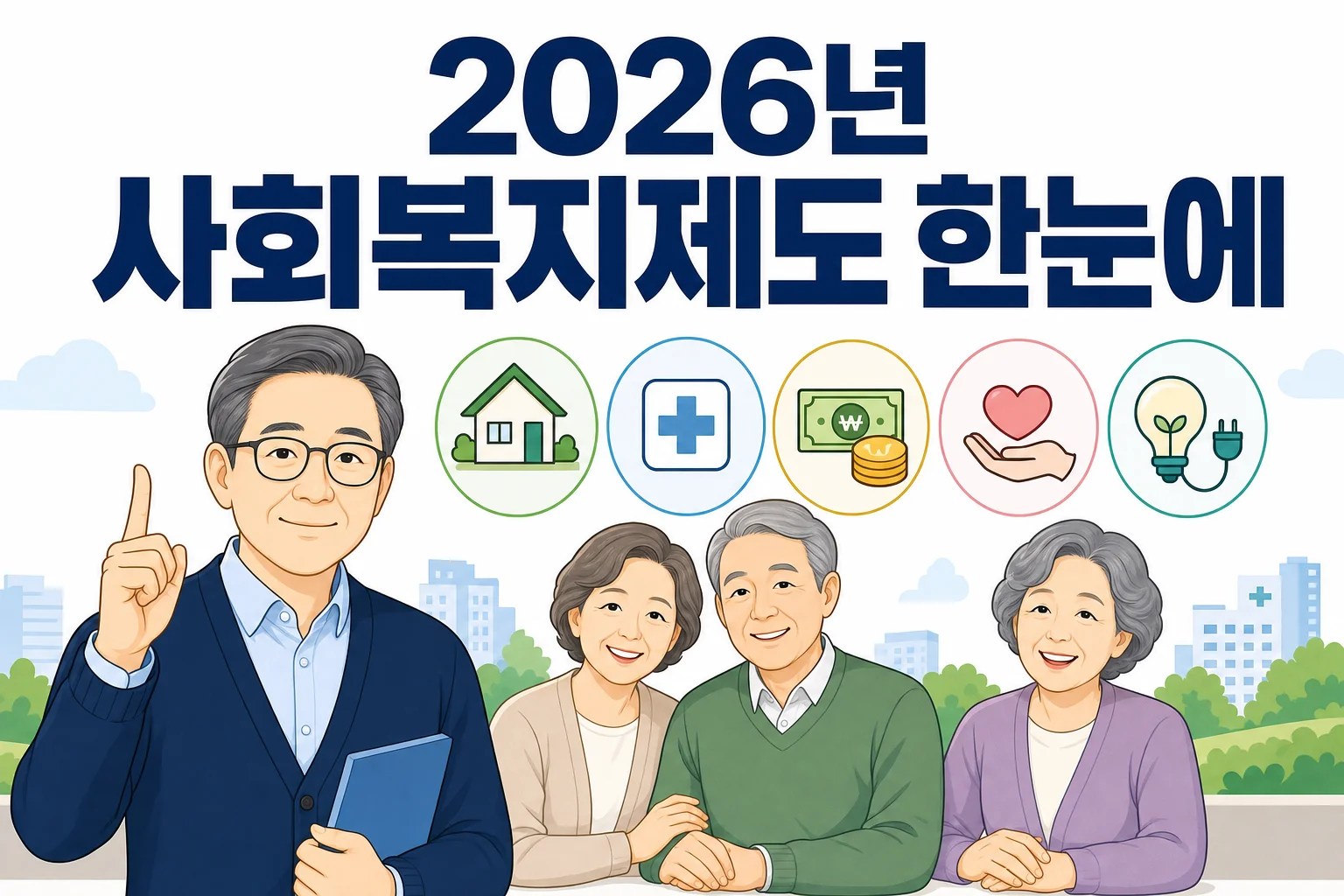 50~70대를 위한 2026년 주요 사회복지제도 한눈에 보기 표지 일러스트