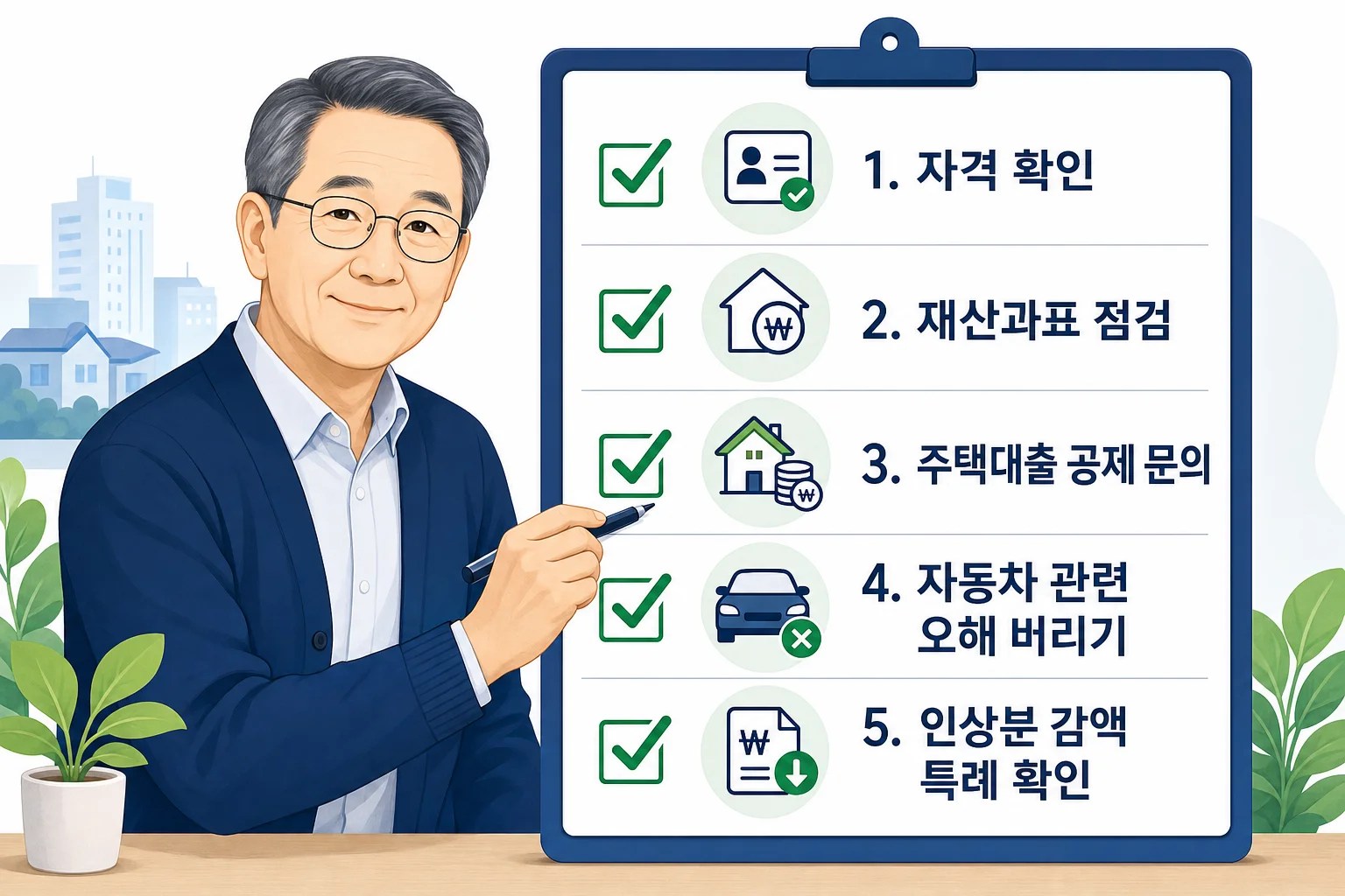 지역가입자 건강보험료 절약을 위한 5단계 체크리스트 일러스트