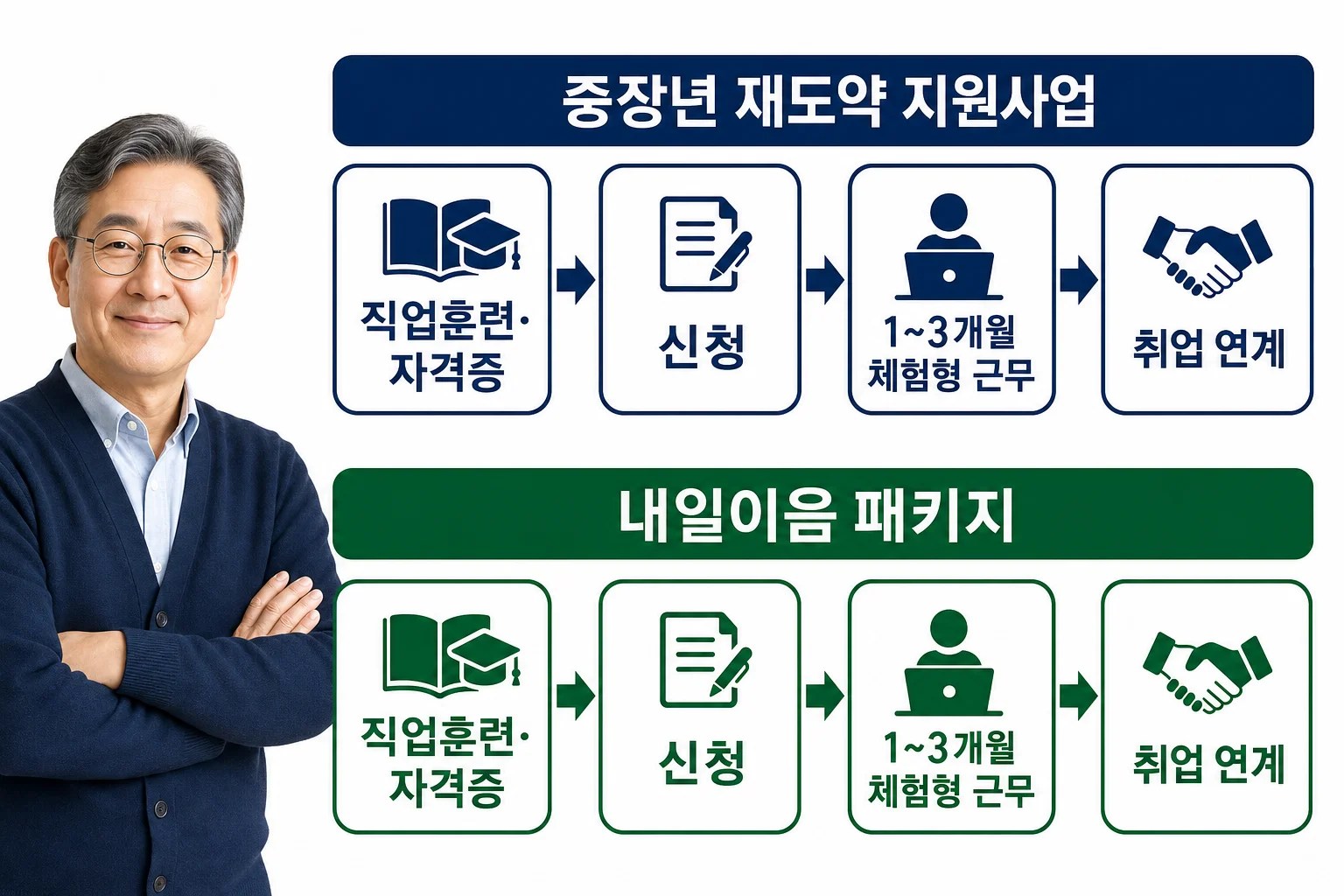 중장년 경력지원제와 내일이음패키지의 전환 과정을 단계별로 나타낸 흐름도