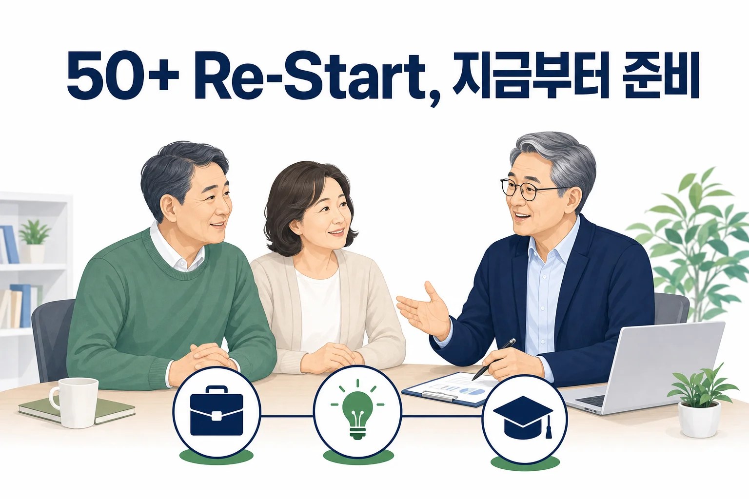 정년퇴직 후 Re-Start를 상담하는 중장년 부부와 전문가의 모습