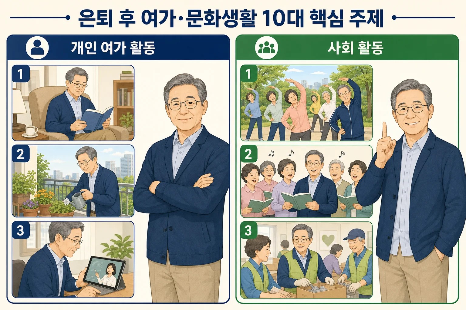 혼자 즐기는 여가와 함께하는 여가를 비교해 보여주는 그림