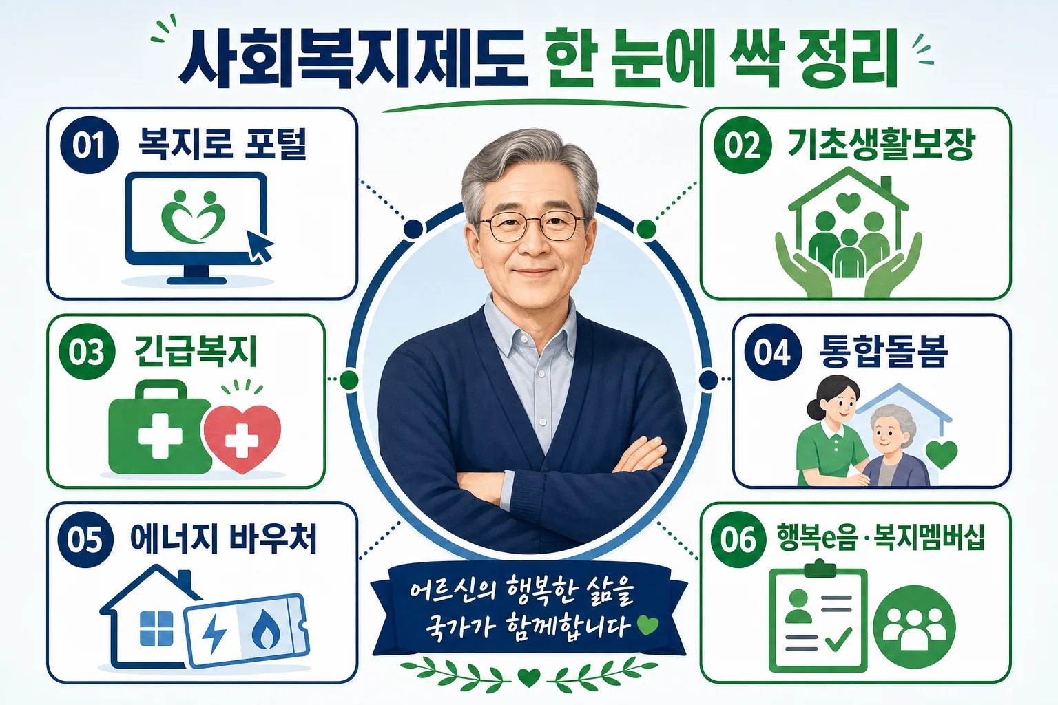 복지로, 기초생활보장, 긴급복지, 돌봄통합지원, 에너지바우처, 복지멤버십을 한눈에 정리한 인포그래픽