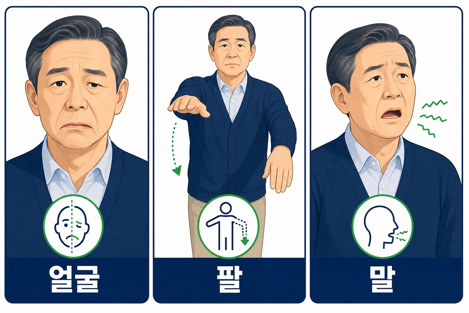 뇌졸중 초기 증상으로 한쪽 얼굴 처짐, 한쪽 팔에 힘이 빠짐, 말이 어눌해지는 모습을 단계별로 보여주는 그림