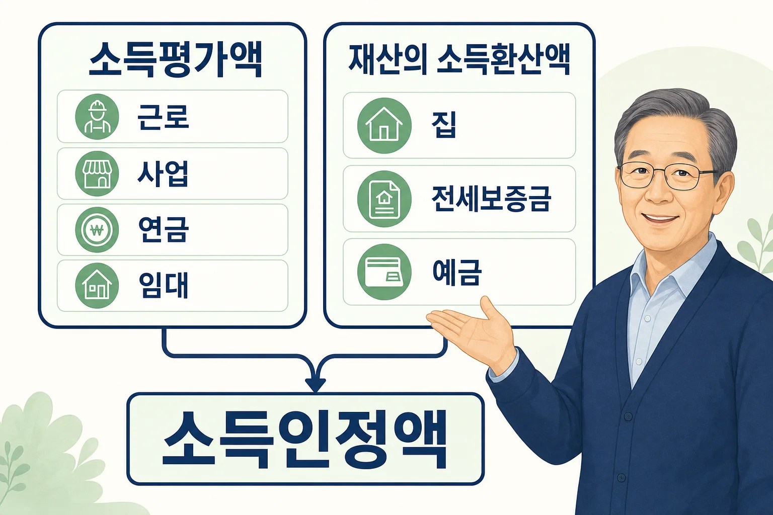 소득평가액과 재산의 소득환산액이 합쳐져 소득인정액이 되는 구조를 보여주는 다이어그램