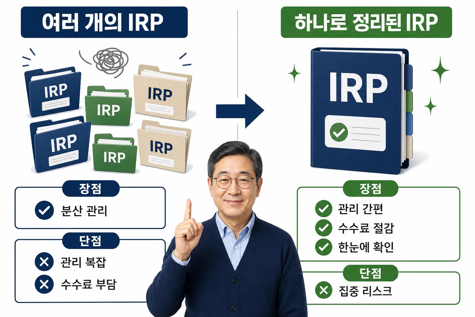 여러 개로 흩어진 IRP 계좌 아이콘과 하나로 모인 통합 IRP 계좌 아이콘을 나란히 배치해 관리 난이도를 비교하는 그림