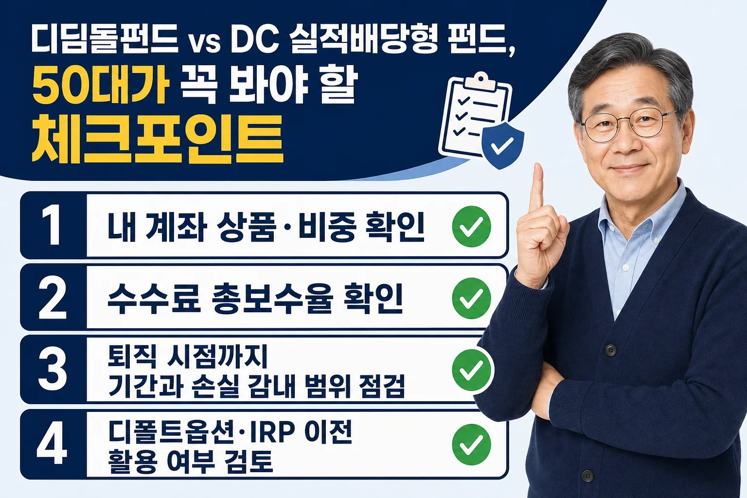 50대 DC 가입자를 위한 계좌 구성 확인, 수수료 확인, 위험 비중 조정, IRP 이전 검토의 4단계 체크리스트 인포그래픽