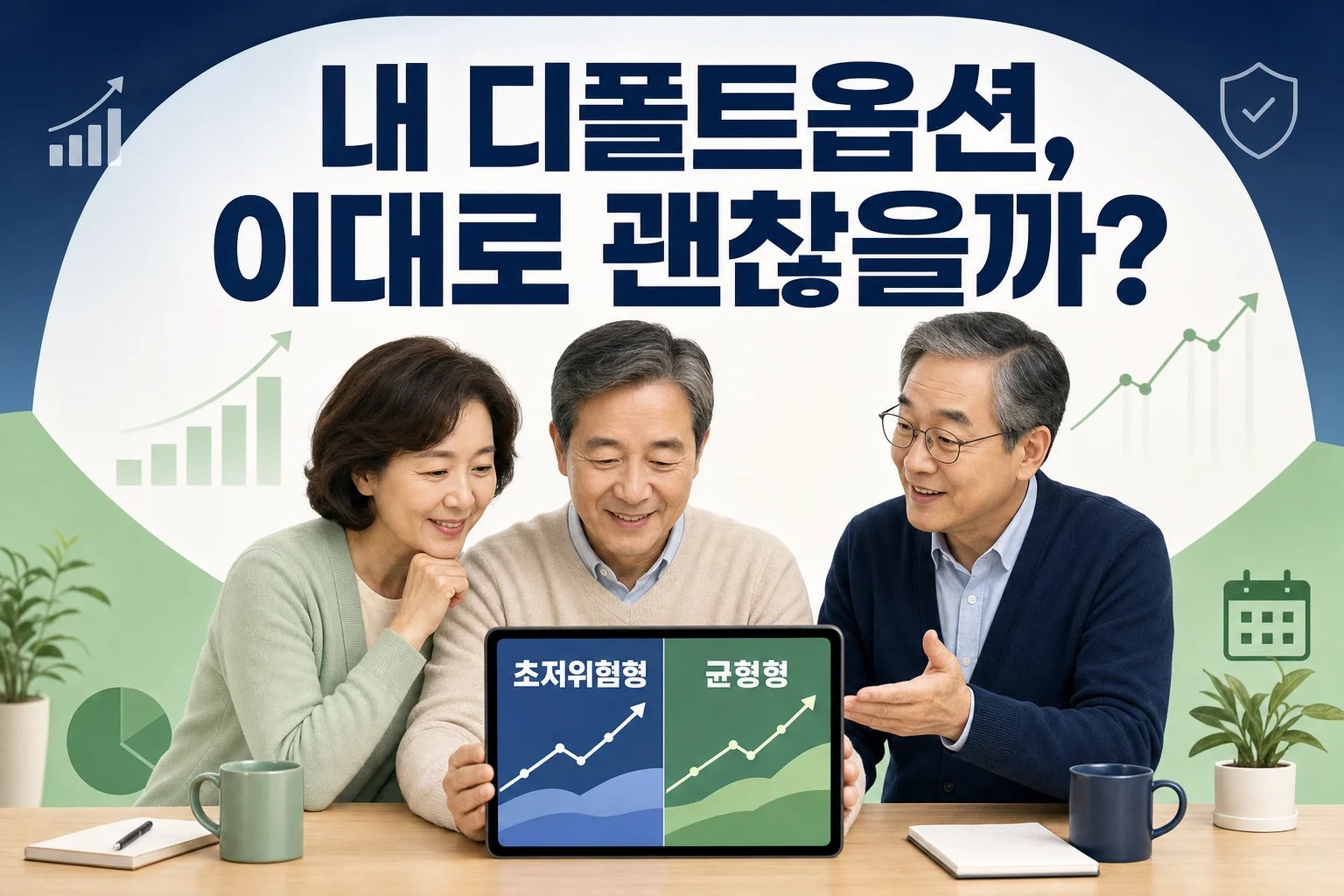 퇴직연금 디폴트옵션 초저위험형과 균형형을 태블릿 화면으로 비교해 보는 50대 한국인 부부