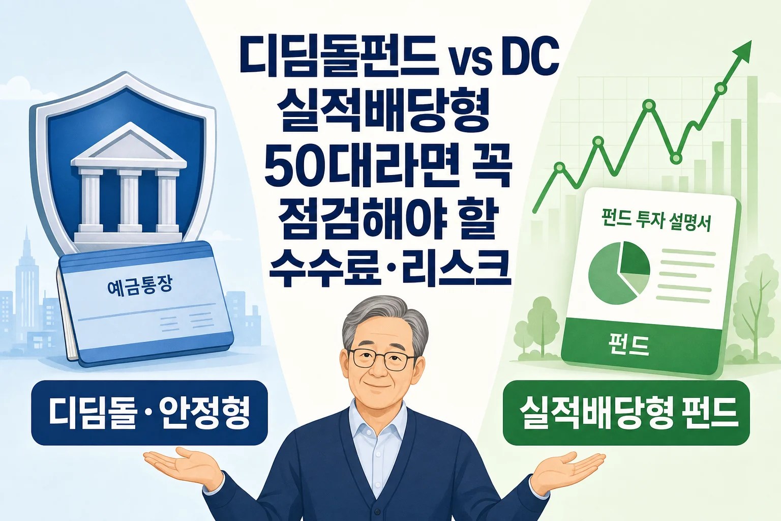 디딤돌·안정형과 실적배당형 펀드를 저울질하며 비교하는 50대 퇴직연금 선택 인포그래픽