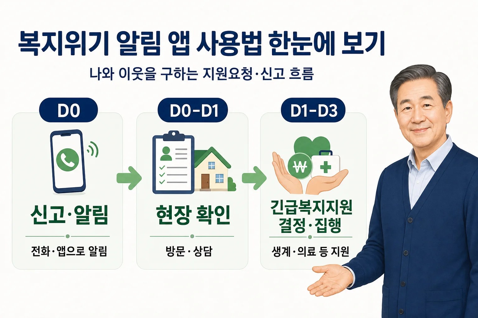 복지위기 알림 앱 신고 후 접수, 현장 확인, 긴급복지 1차 지원까지 최대 3일 이내 흐름을 보여주는 타임라인
