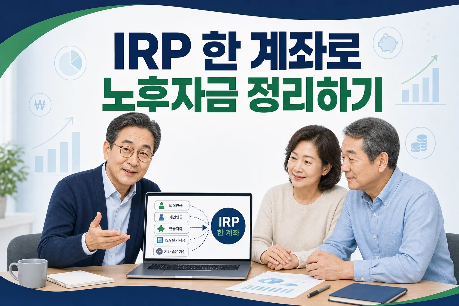 50대 후반 한국인 남녀가 노트북 화면을 보며 여러 퇴직연금 계좌를 하나의 IRP 계좌로 통합하는 모습을 설명 듣는 장면