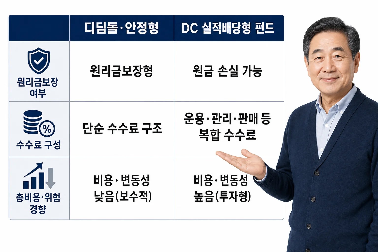 디딤돌 안정형과 DC 실적배당형 펀드의 원리금보장 여부와 수수료 구성 차이를 요약한 비교 차트