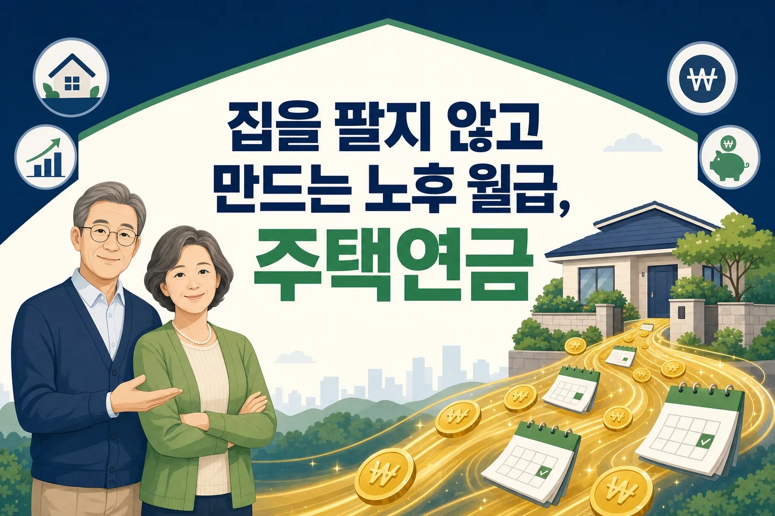 집을 팔지 않고 주택연금으로 매달 연금을 받는 구조를 상징적으로 보여주는 한국인 시니어 부부와 주택 일러스트