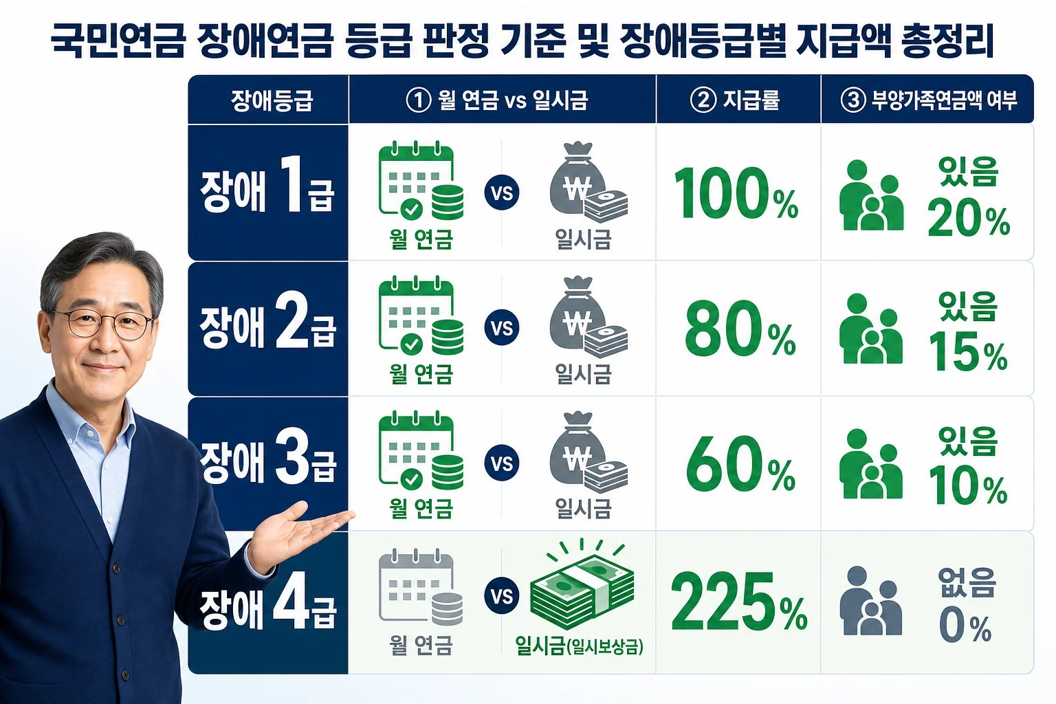 국민연금 장애 1~3급은 기본연금액의 100·80·60% 월 연금, 4급은 기본연금액의 225% 일시보상금을 받는다는 비교 인포그래픽