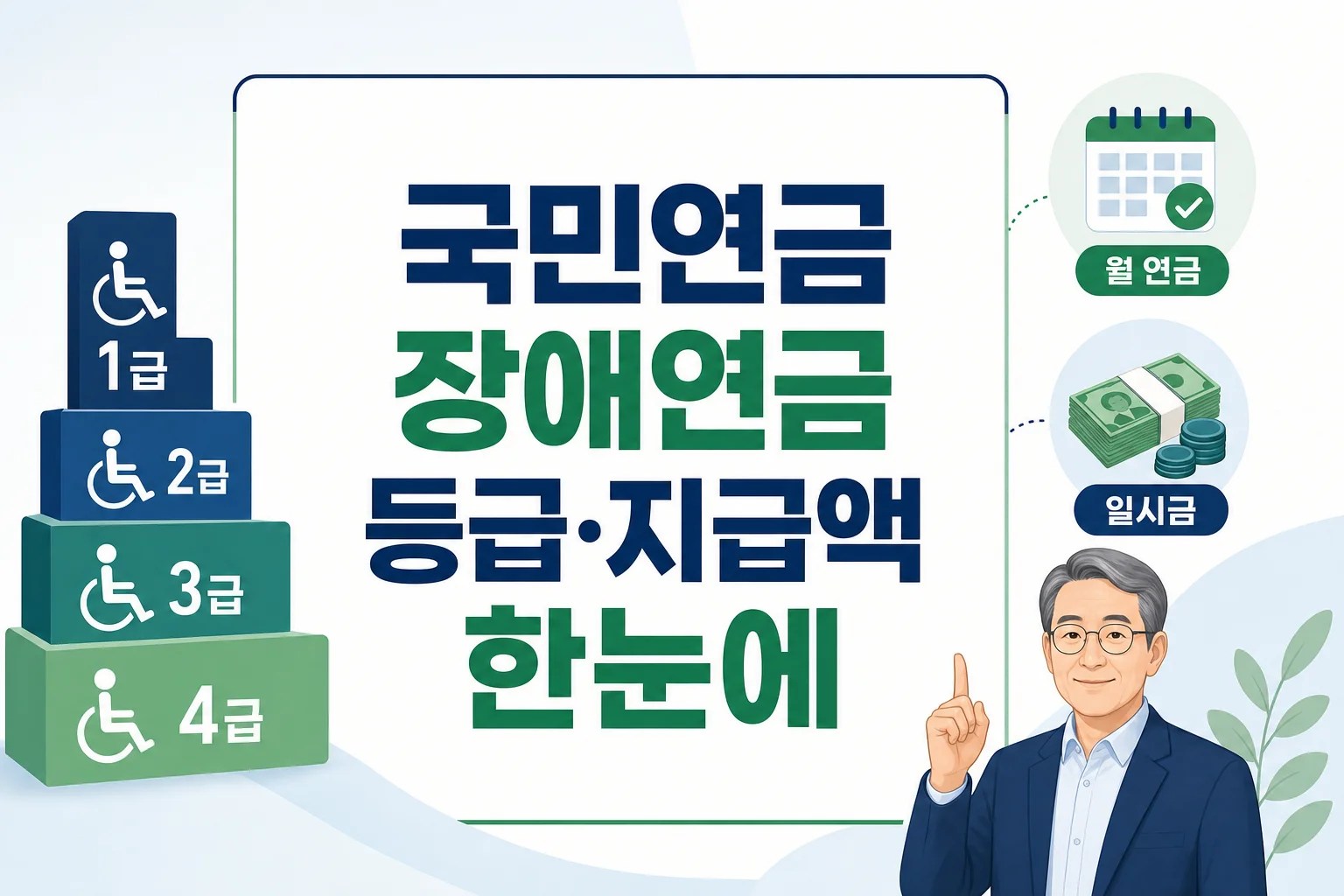 국민연금 장애연금 1~4급 등급과 월 연금·일시금 구조를 한눈에 보여주는 개요 인포그래픽