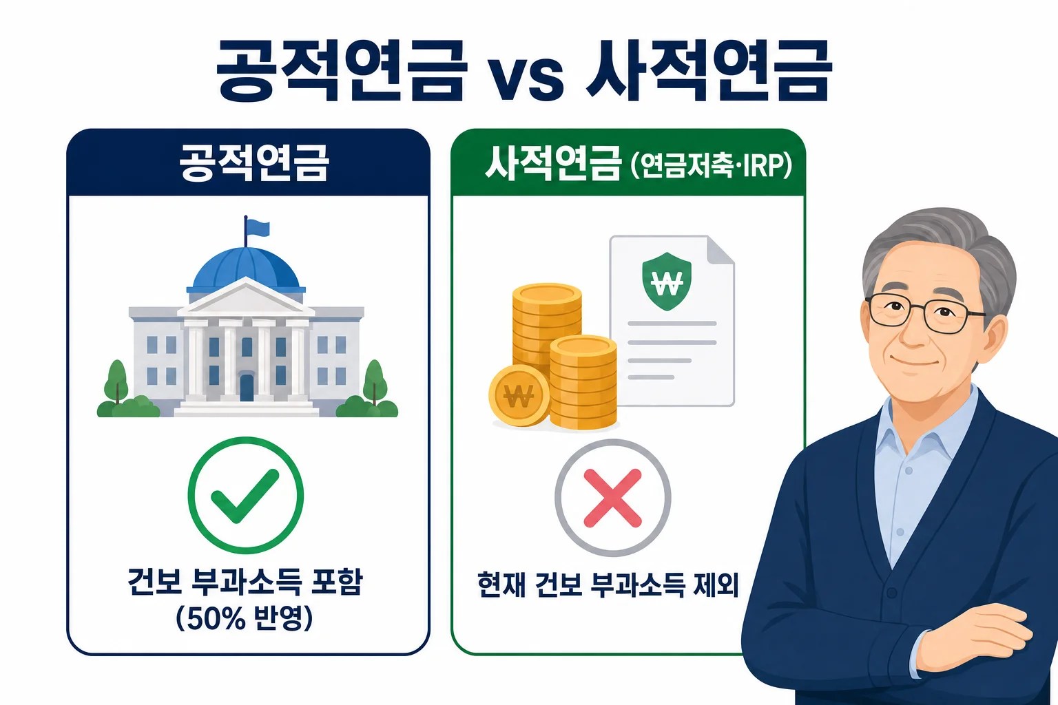 공적연금은 건강보험료 산정 소득에 포함되고 연금저축·IRP 연금은 현재 포함되지 않는다는 것을 비교하는 도식