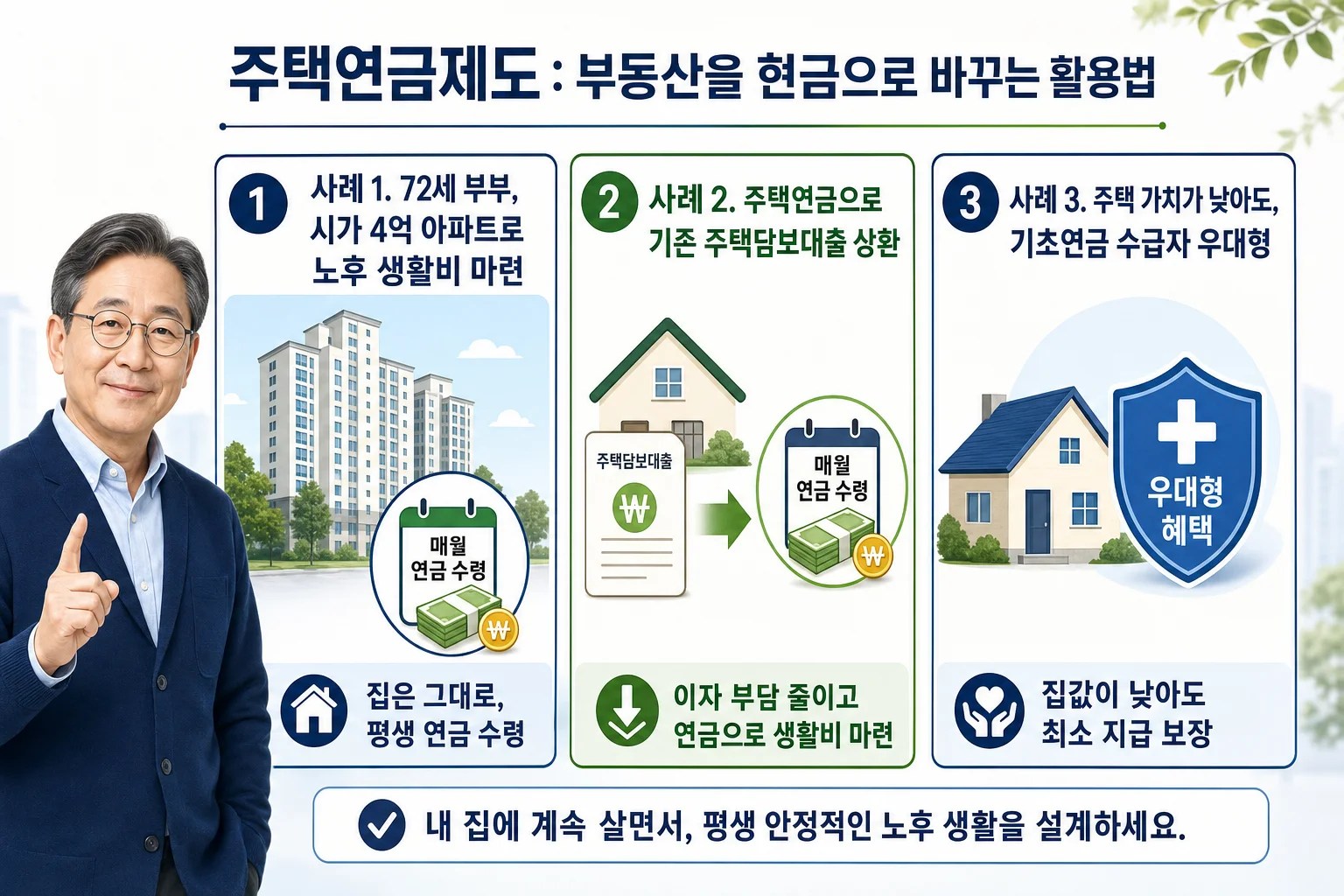 일반형, 주담대 상환용, 우대형 등 세 가지 주택연금 활용 시나리오를 요약한 인포그래픽