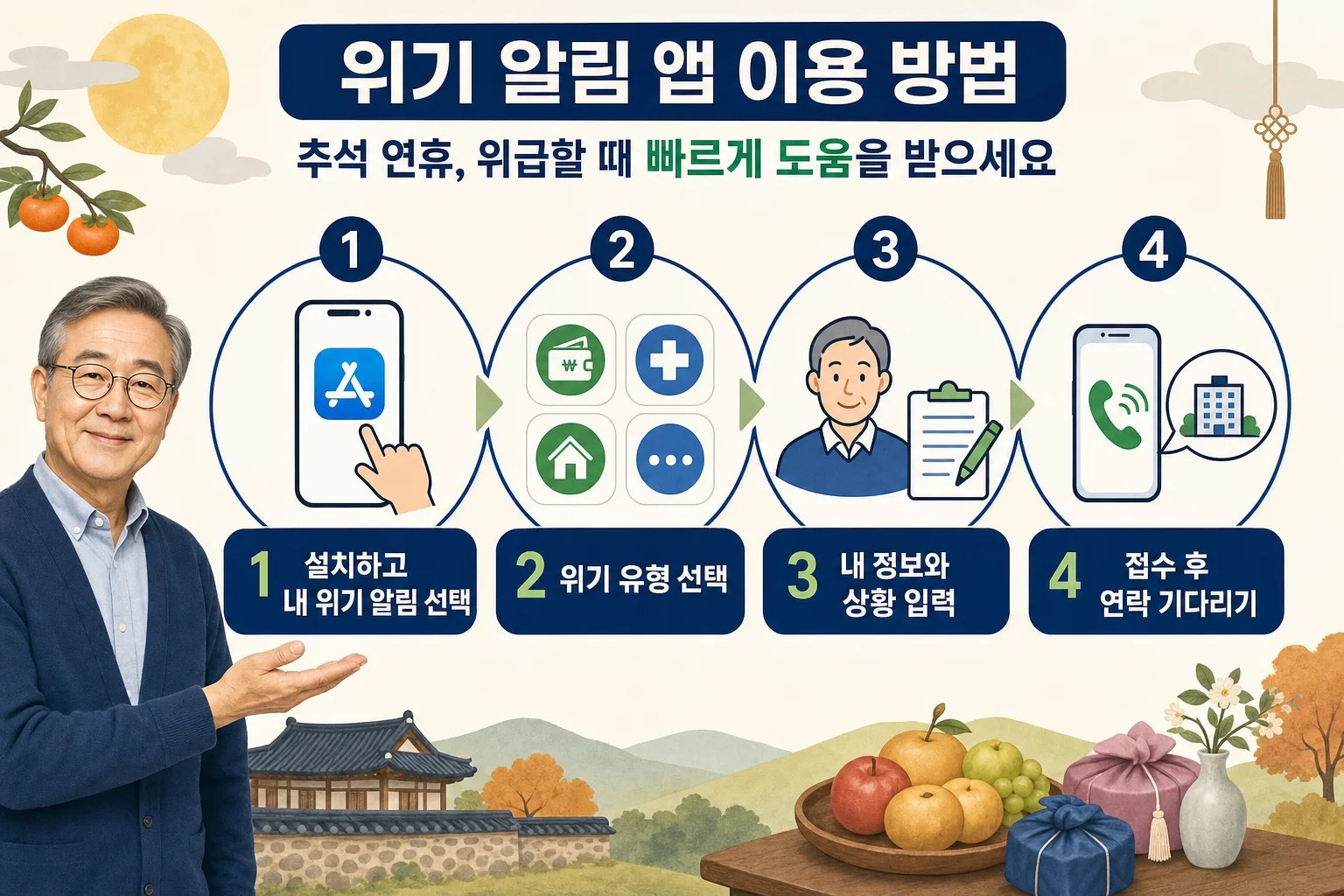 복지위기 알림 앱에서 나의 위기상황 알림을 설치, 유형 선택, 정보 입력, 제출하는 4단계 절차 인포그래픽