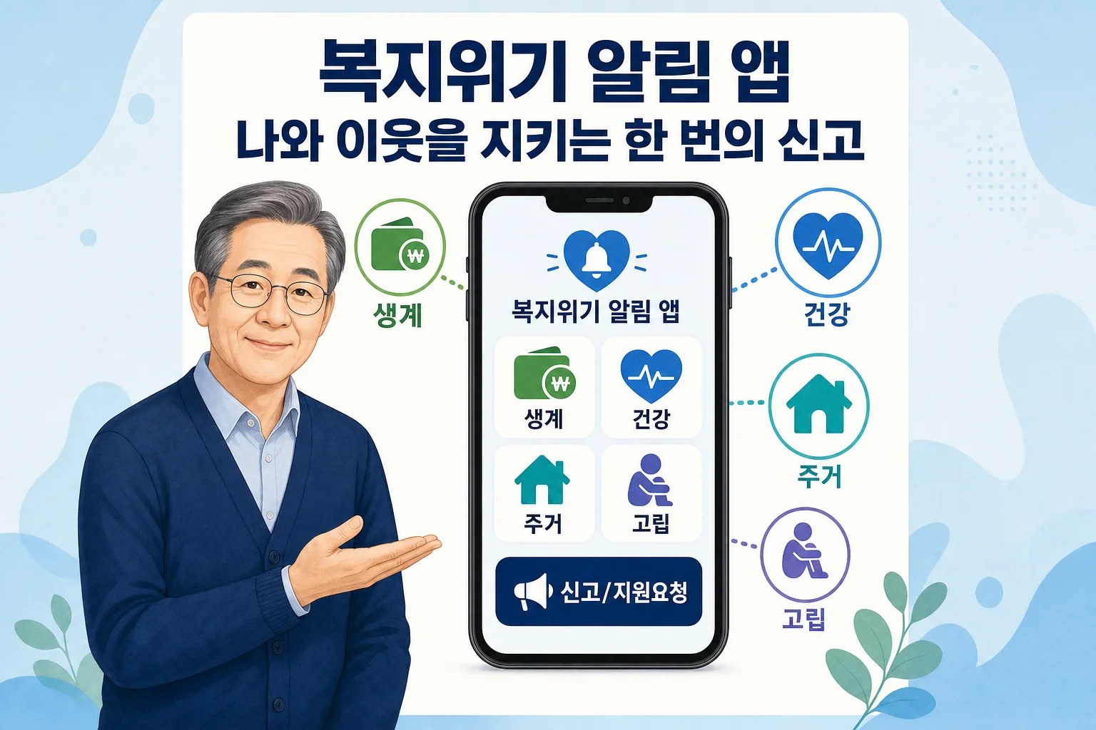 스마트폰 화면에 복지위기 알림 앱의 주요 기능과 생계·건강·주거·고립 위기 아이콘이 정리된 인포그래픽