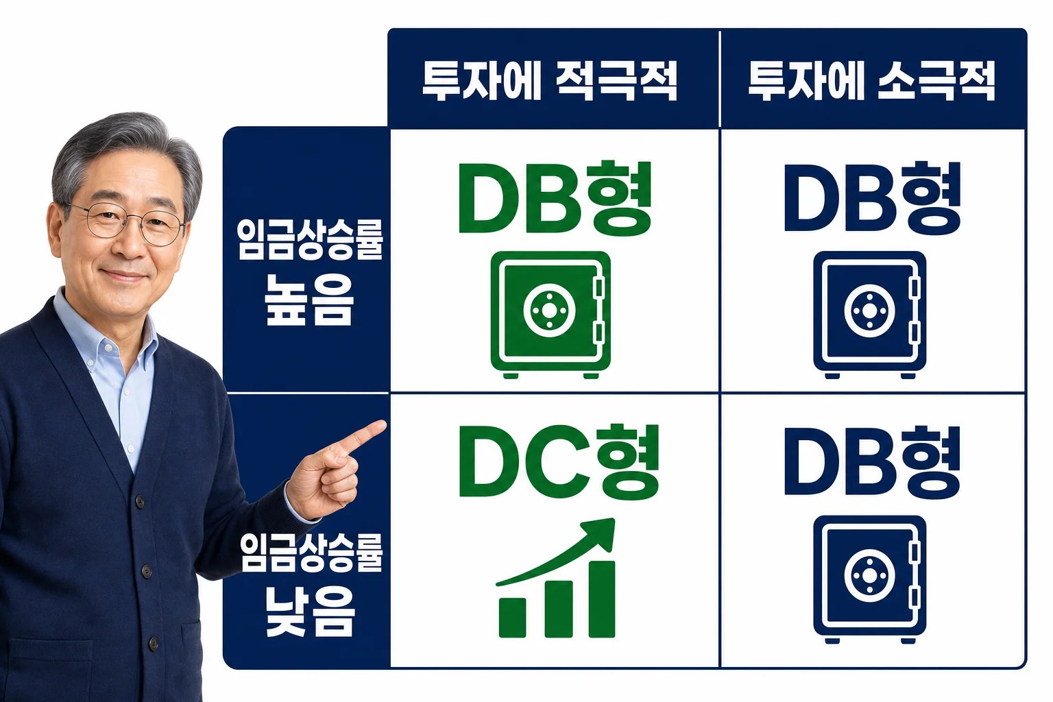 임금상승률과 투자 성향에 따라 퇴직연금 DB형과 DC형 선택 경향을 보여주는 2×2 매트릭스 인포그래픽