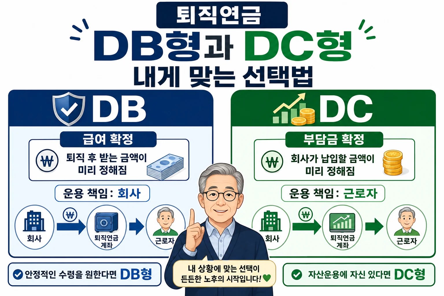 퇴직연금 DB형과 DC형의 돈 흐름과 책임 주체를 나란히 비교한 구조 인포그래픽