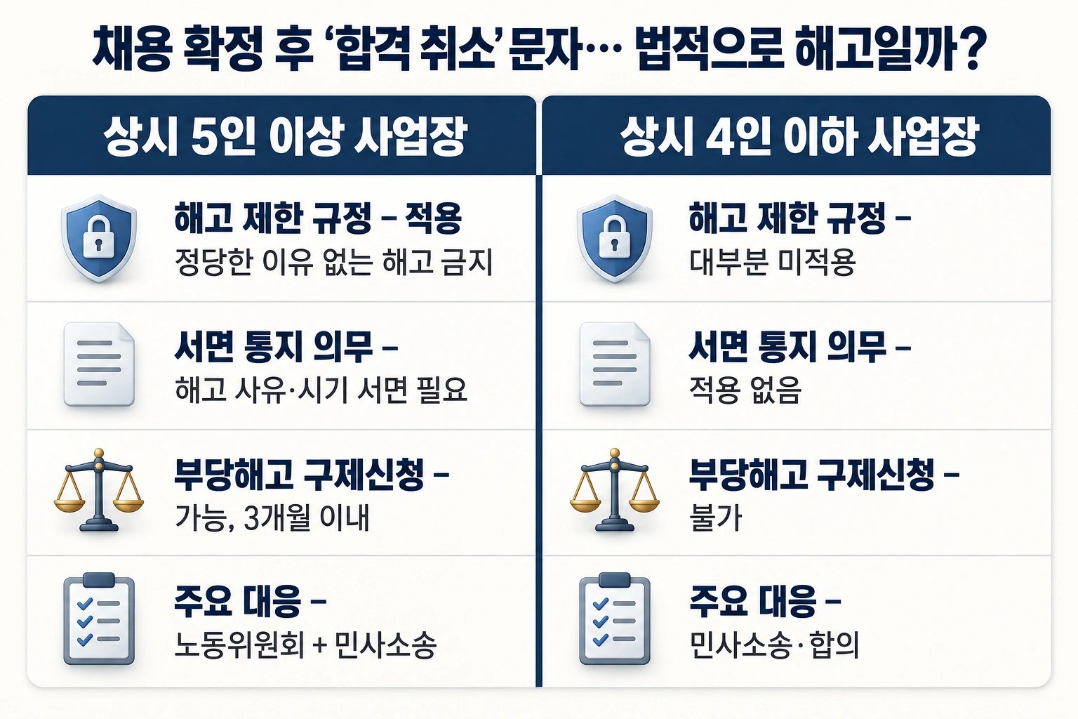상시 5인 이상과 4인 이하 사업장의 해고 제한, 서면 통지, 부당해고 구제신청 가능 여부를 비교한 표 형태 인포그래픽