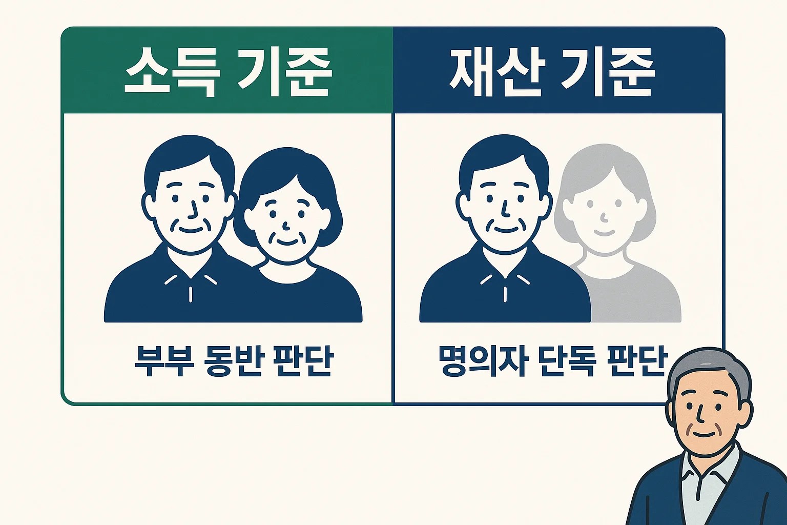 소득 기준은 부부가 함께 판단되고 재산 기준은 명의자만 단독으로 판단된다는 내용을 시각적으로 비교한 인포그래픽
