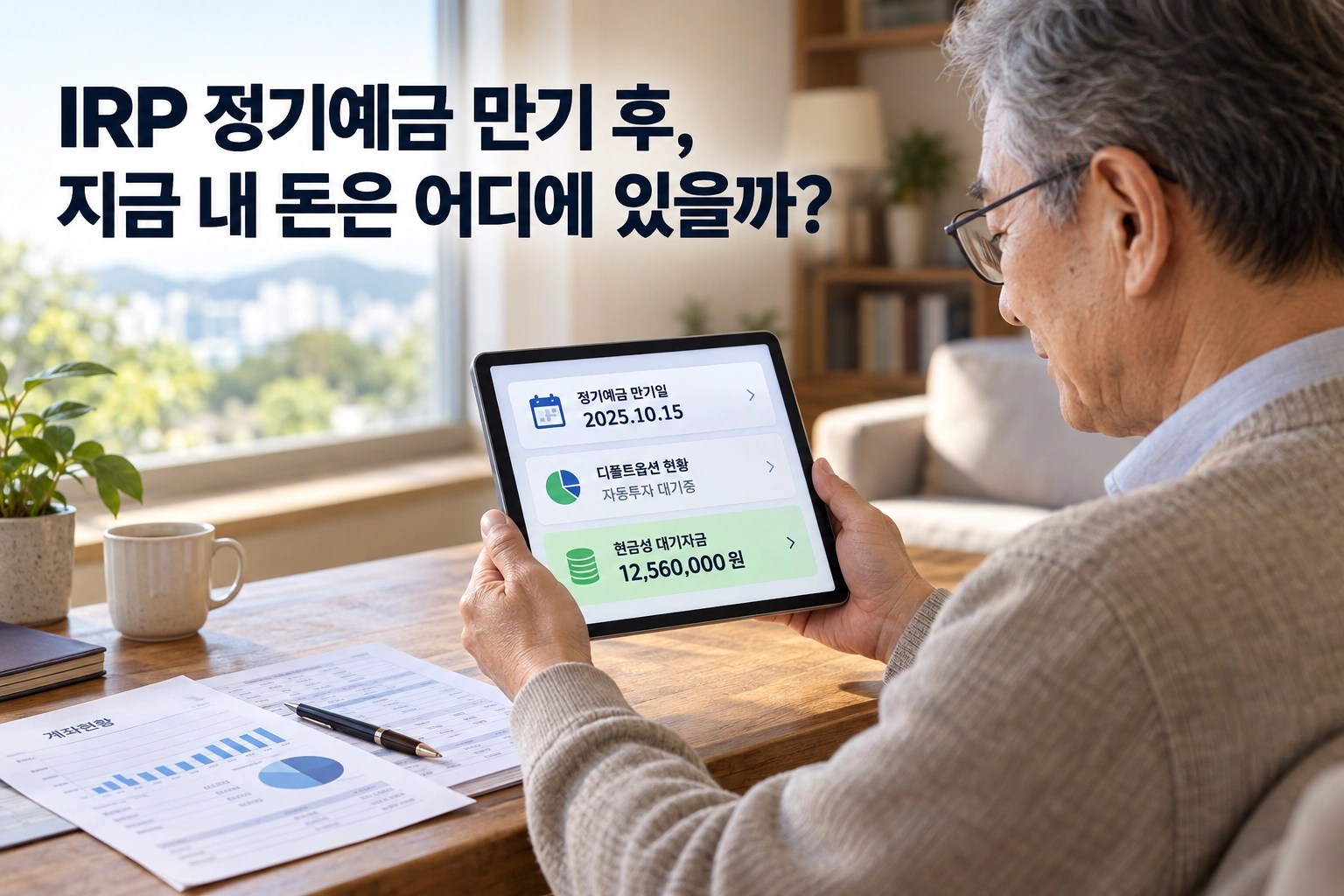 60대 남성이 태블릿으로 IRP 정기예금 만기와 디폴트옵션, 대기성자금 현황을 확인하는 장면