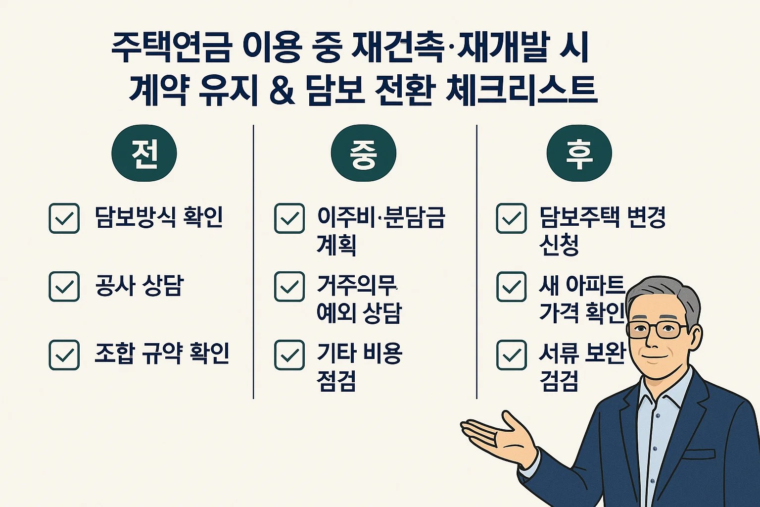 재건축 전·중·후 단계별로 주택연금 가입자가 확인해야 할 항목을 정리한 체크리스트