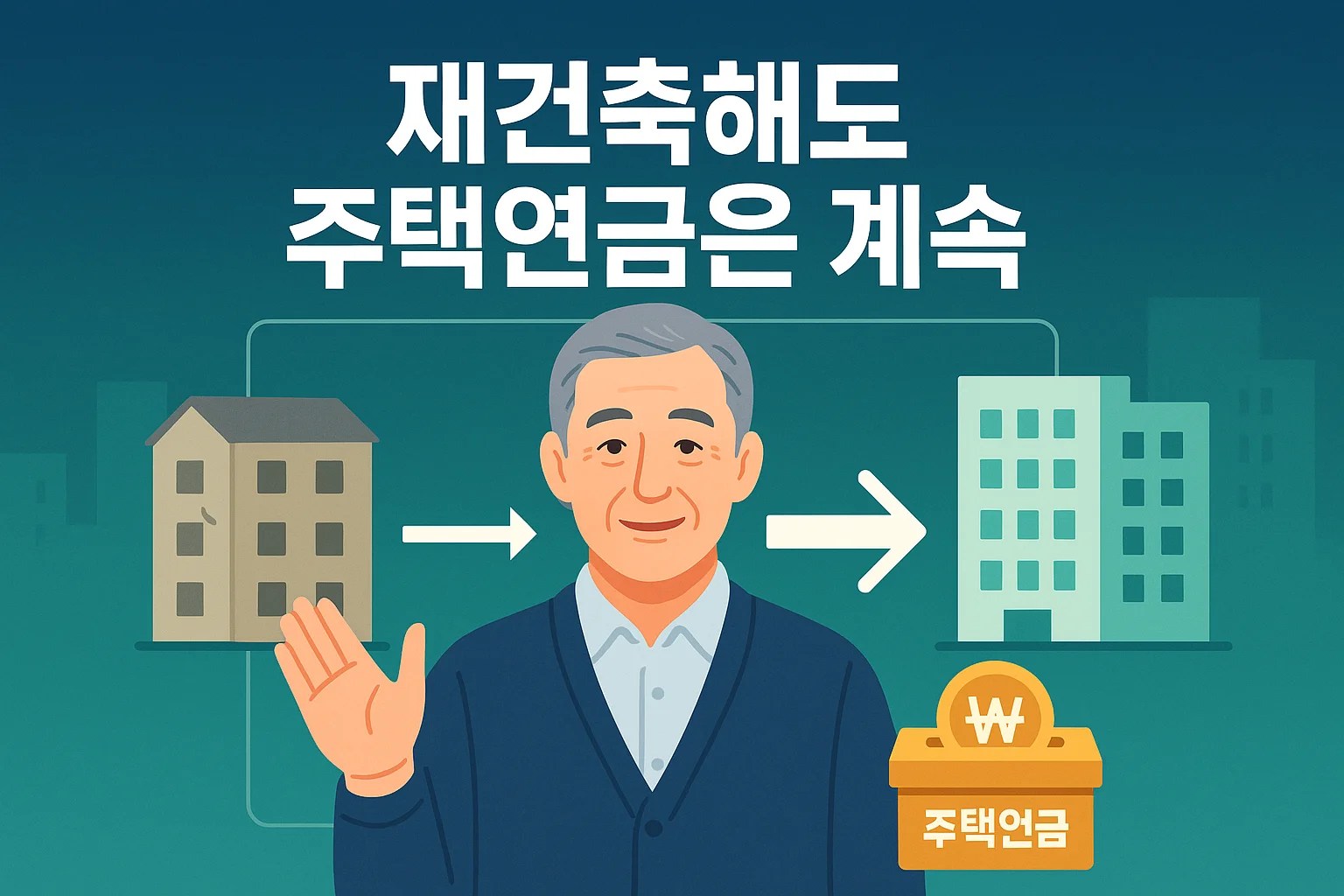 재건축 전 낡은 아파트와 재건축 후 새 아파트 사이를 연결하며 끊기지 않는 주택연금을 상징하는 인포그래픽