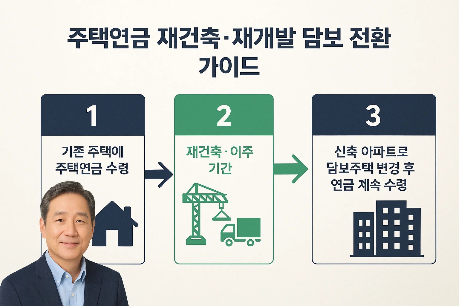 기존 주택에서 재건축을 거쳐 신축 아파트로 담보를 변경하면서 주택연금을 유지하는 3단계 흐름도