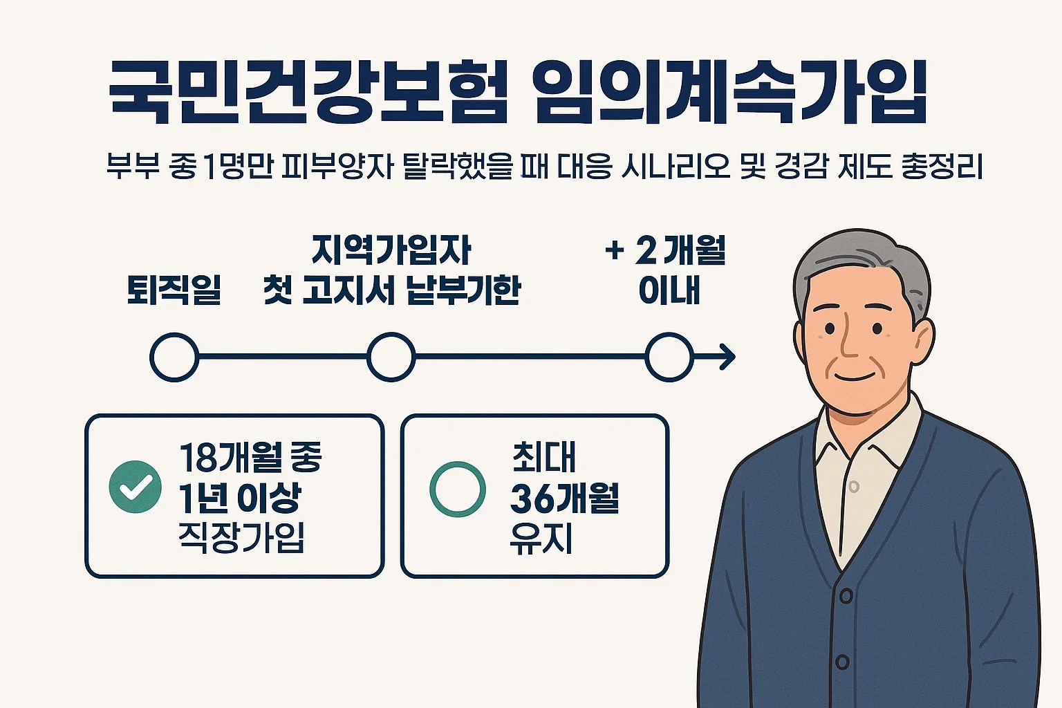 퇴직일부터 지역가입자 첫 고지서 납부기한 이후 2개월 이내까지 임의계속가입 신청 기한과 주요 요건을 보여주는 타임라인 인포그래픽