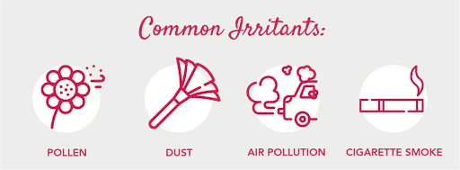 Common Irritants that lead to phlegm build up. Pollen, Dust, air pollution, cigarette smoke. 