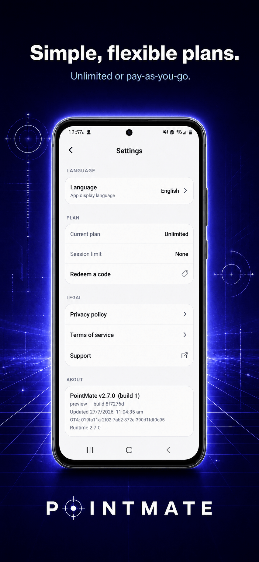 PointMate - settings screen